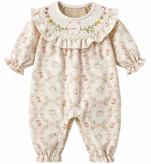 A baby's long-sleeve romper in cream with a delicate pink and green floral print, featuring a large ruffled collar decorated with a small embroidered bunny face.
